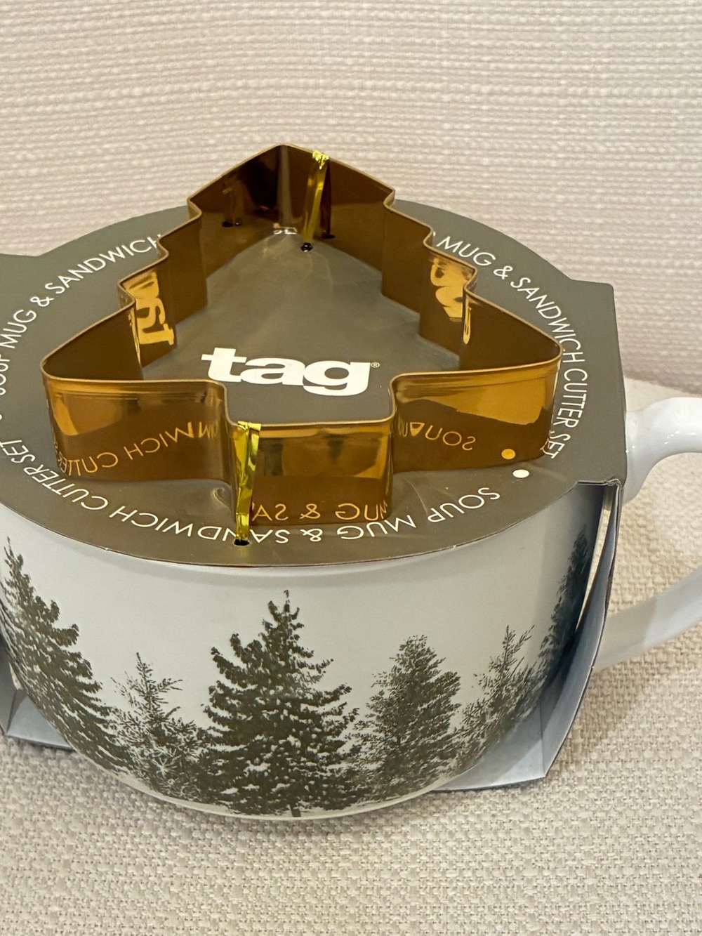 Tag White soup bowl with Green Tree Print and Gold Cookie Cutter